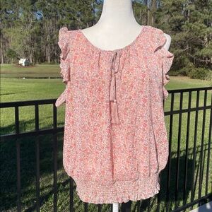 Renuar Floral & Metallic Top, Flutter Sleeves & Stretchy Waistband